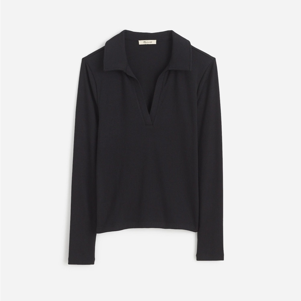 Madewell Womens Drapey Rib Long-Sleeve Polo Top Stretch Black NWT Size XXS NV136